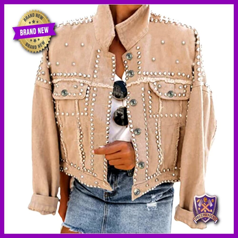 Long Sleeve Studded Denim Jacket Western Chic Casual Loose Fit Button Up